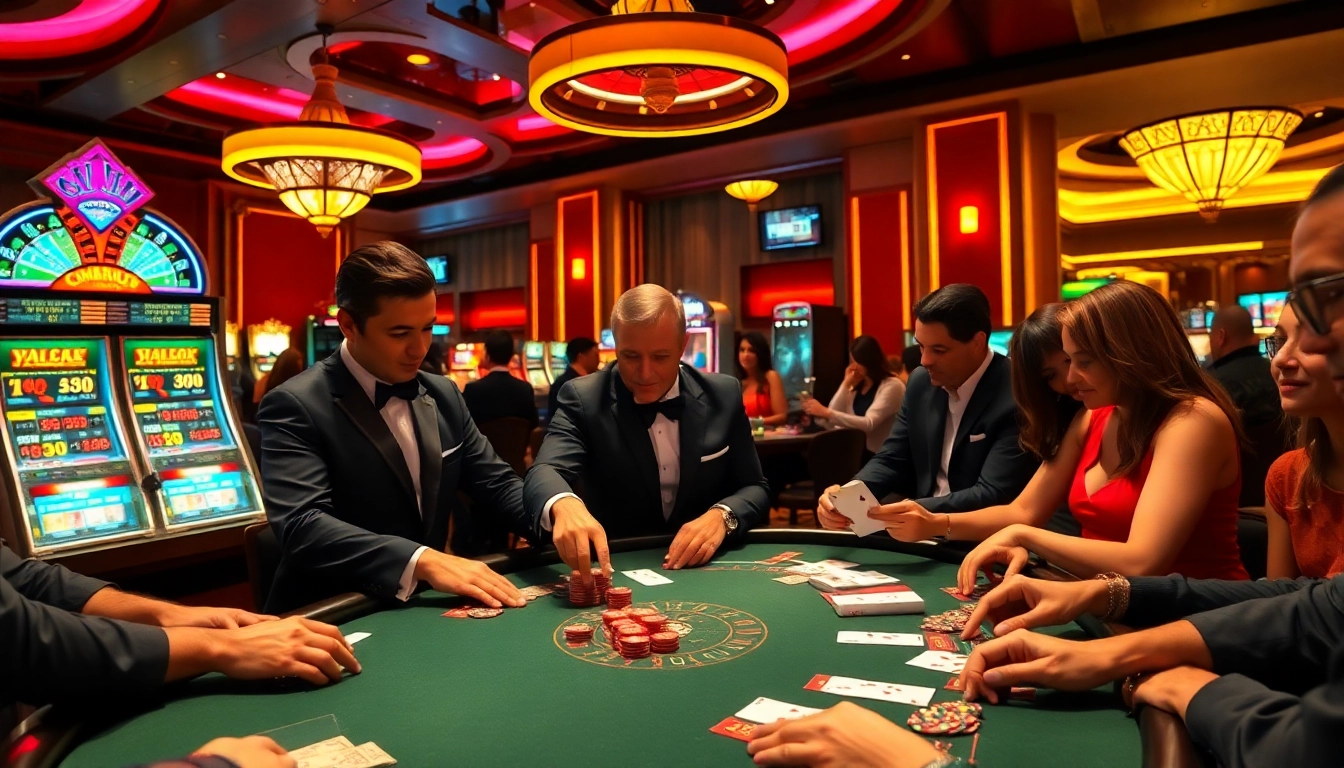 Players engaging in high-stakes poker at a vibrant casino featuring CM88u promotional materials.