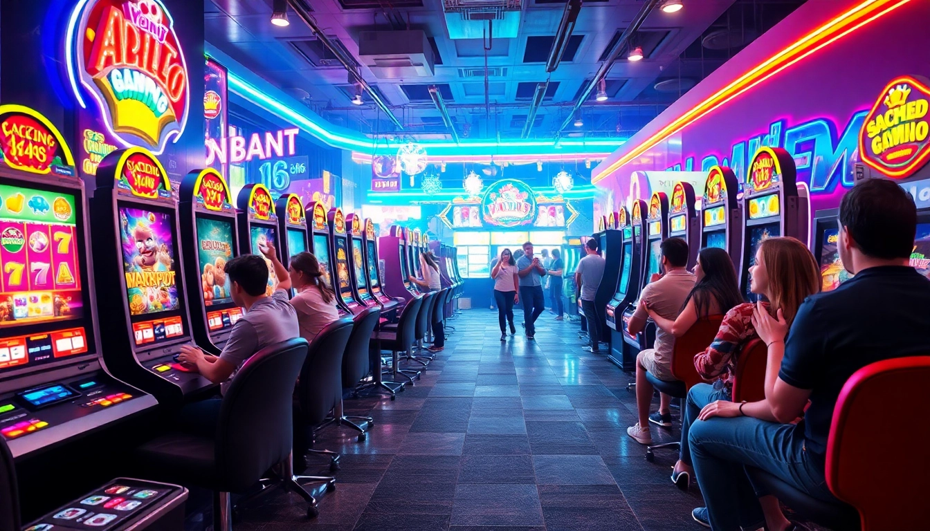 The energetic online gaming scene at https://nohu90v.biz/ showcasing vibrant slot machines and excited players.