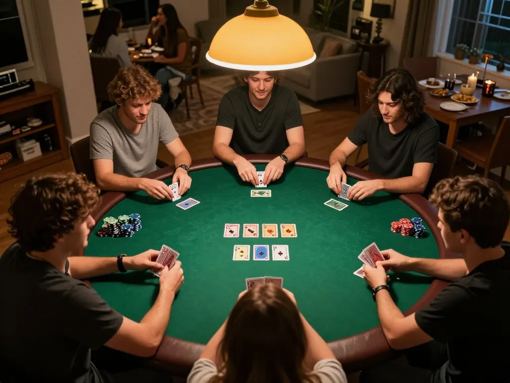 Jun88 players enjoying a strategic poker game at a cozy home game night.