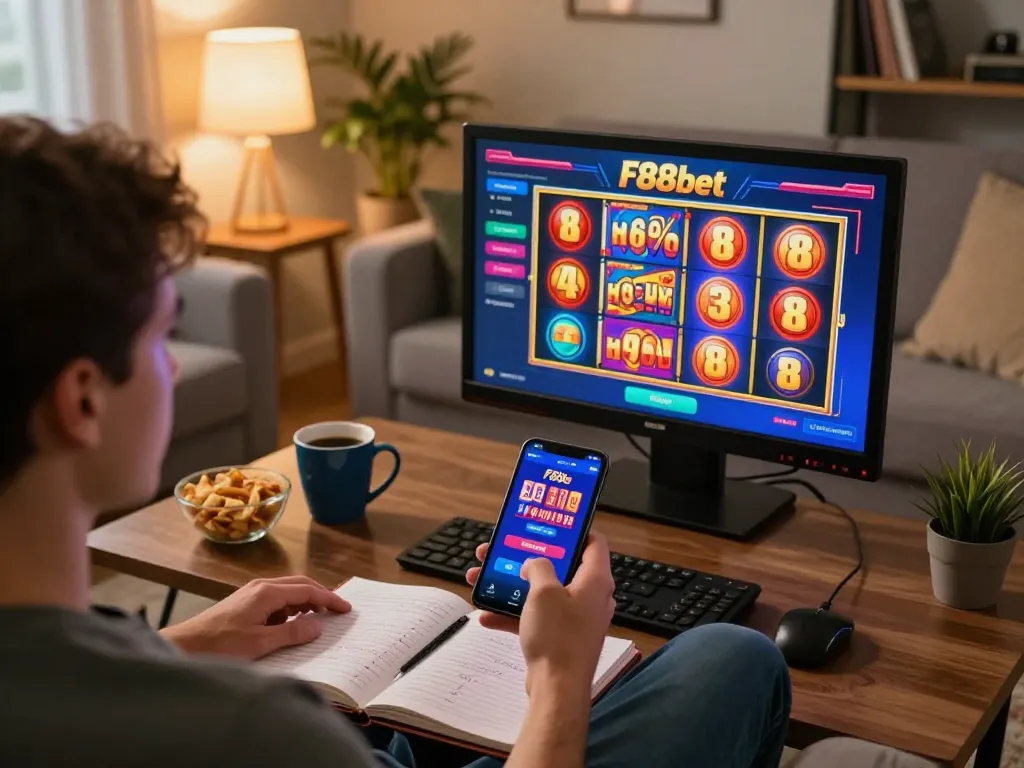 Player enjoying F88bet slots on mobile app while relaxing at home, showcasing responsible gambling.