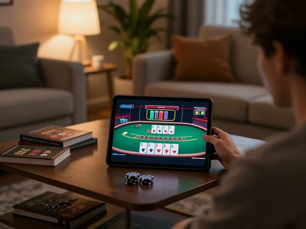 Engaging player utilizing Dabet for an exciting online blackjack experience in a cozy setting