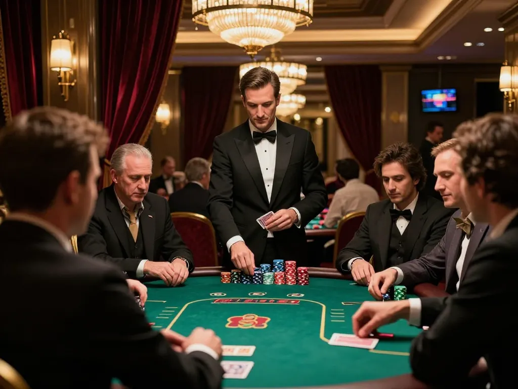 S8 players engaging in an intense poker game in a high-roller casino room.
