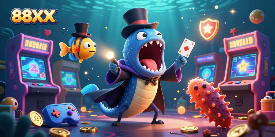 Experience 88XX casino magic with deep-sea characters performing card tricks and vibrant gaming elements.