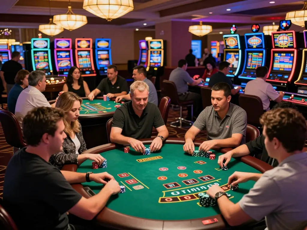 Players experience thrilling moments at OKFUN casino with vibrant blackjack action under colorful lighting.