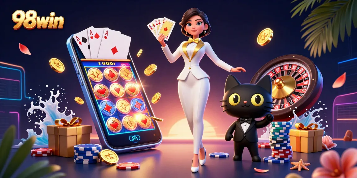 98win showcases an exciting online casino scene with a glamorous dealer and a playful cat amidst dynamic game elements.