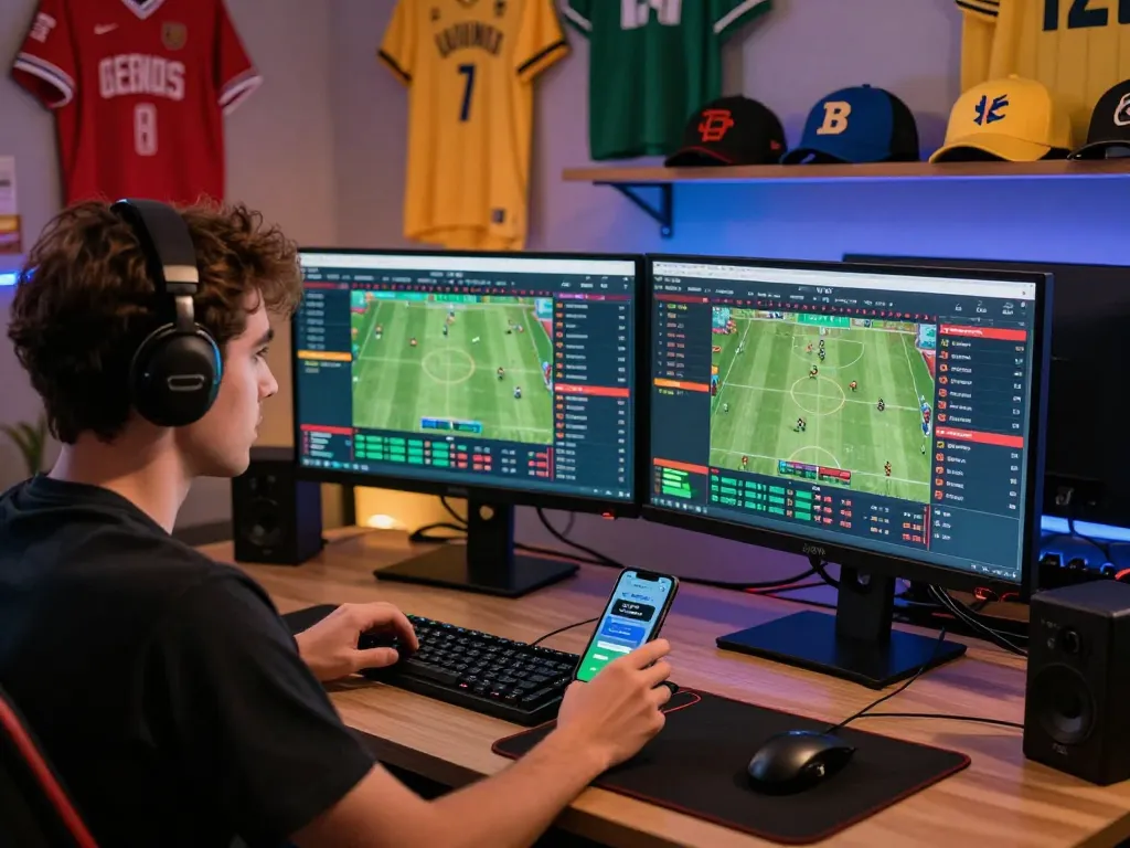 Engaged user at a high-tech betting desk exploring opportunities at https://bong99vn.win/ with live odds and stats on screen.
