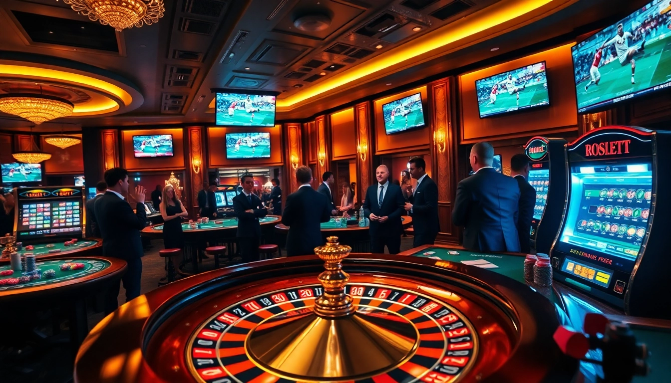 Watch thrilling live sports on https://socolive.mobi/ in an upscale casino atmosphere, featuring roulette and football screens.