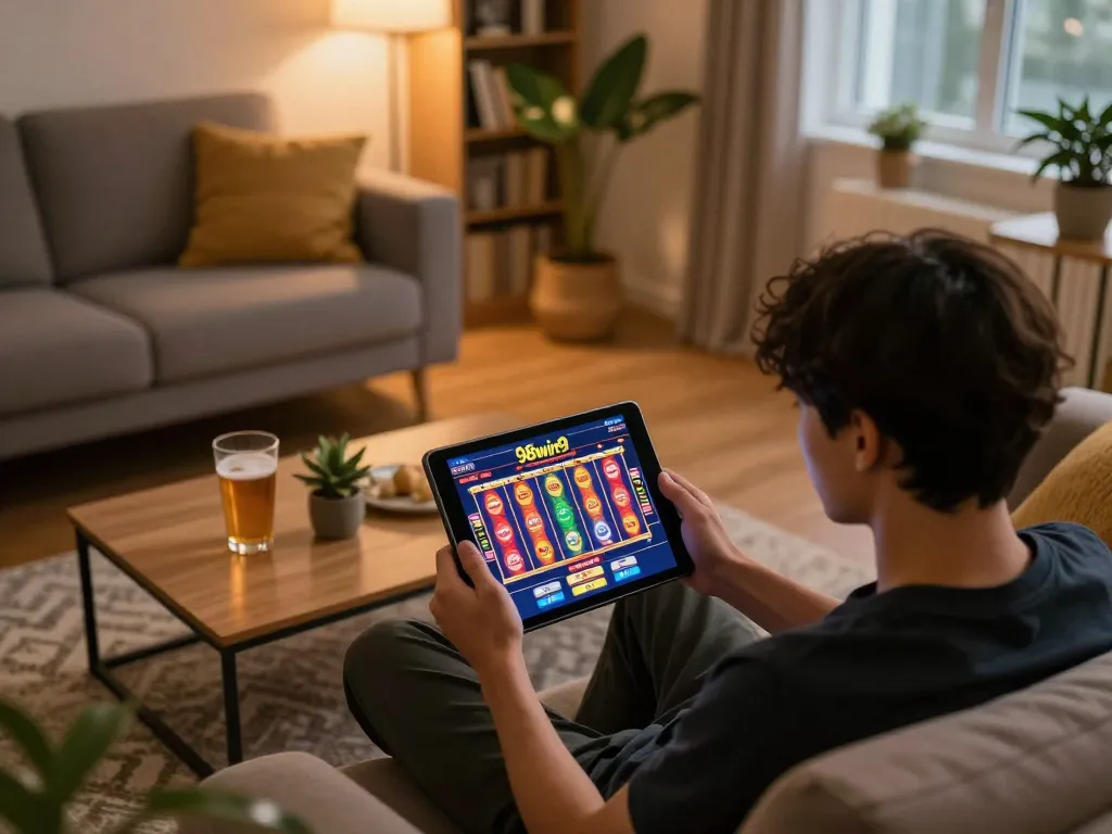 Player engaging with 98win9 online casino game on tablet in a cozy home setup.