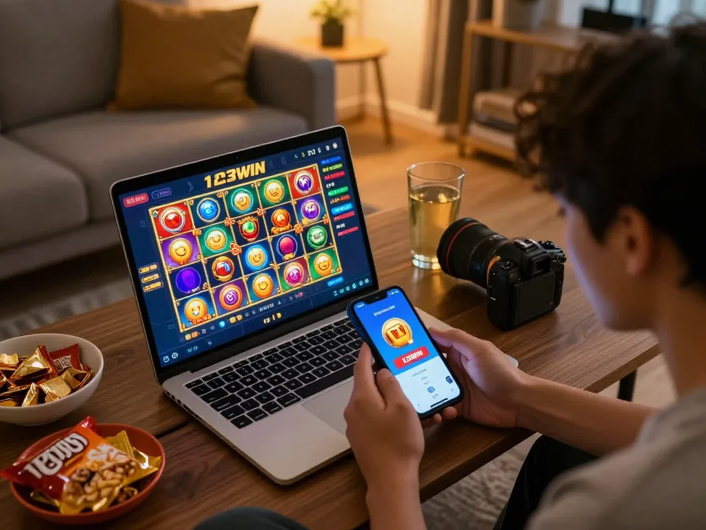 Engaging online slots gameplay on 123WIN laptop, showcasing dynamic interface and home comfort