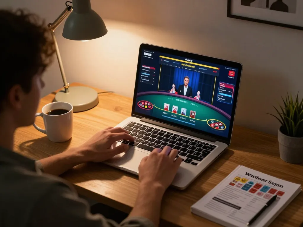Engaging online blackjack session showcasing go8 players in a cozy home environment.