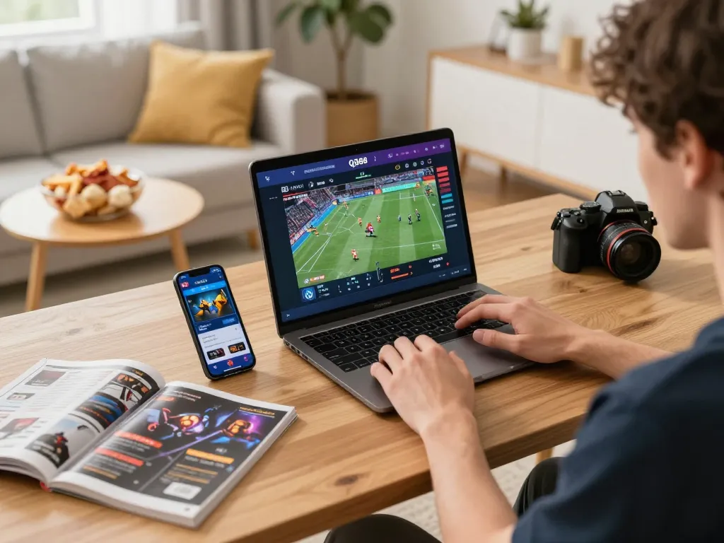 Engaging scene of a player enjoying QQ88 online gaming on a laptop, surrounded by betting tools and a cozy setup.