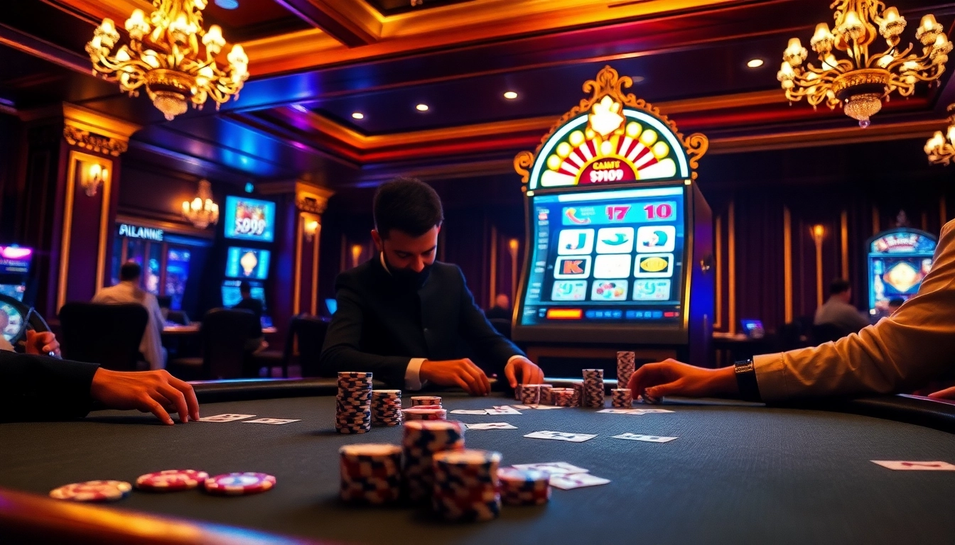 Players engaging in a thrilling poker game at a luxurious casino, highlighting go99 excitement and elegance.