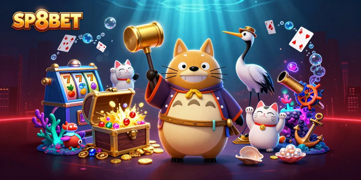 Experience high-stakes gaming realms at SP8BET with vibrant characters amidst rich casino elements.