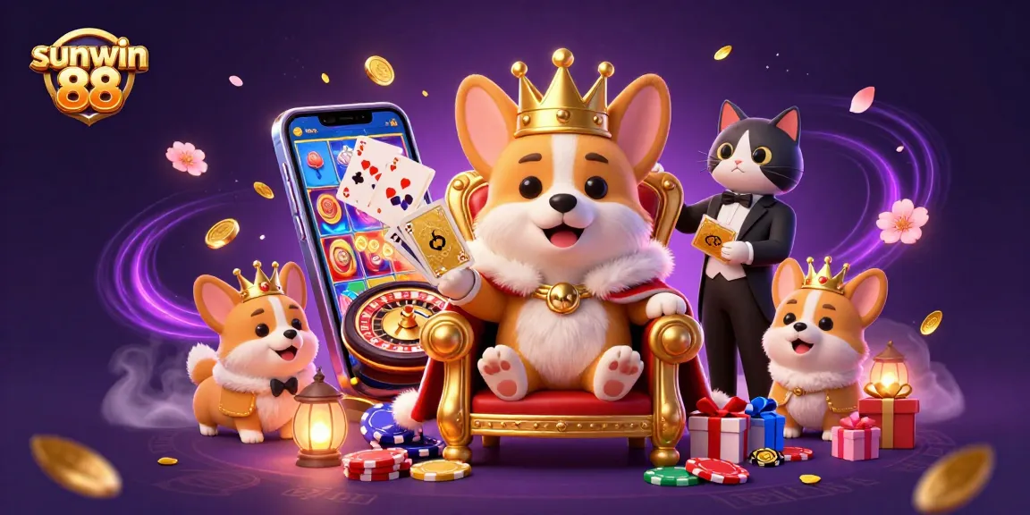 Experience the thrill of sunwin 88 with a royal corgi and gaming glamour in a vibrant casino illustration.