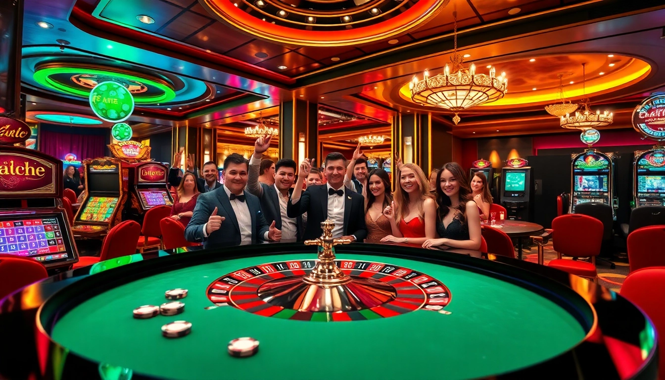 F168 players celebrating at a luxurious casino table with vibrant poker chips and roulette.
