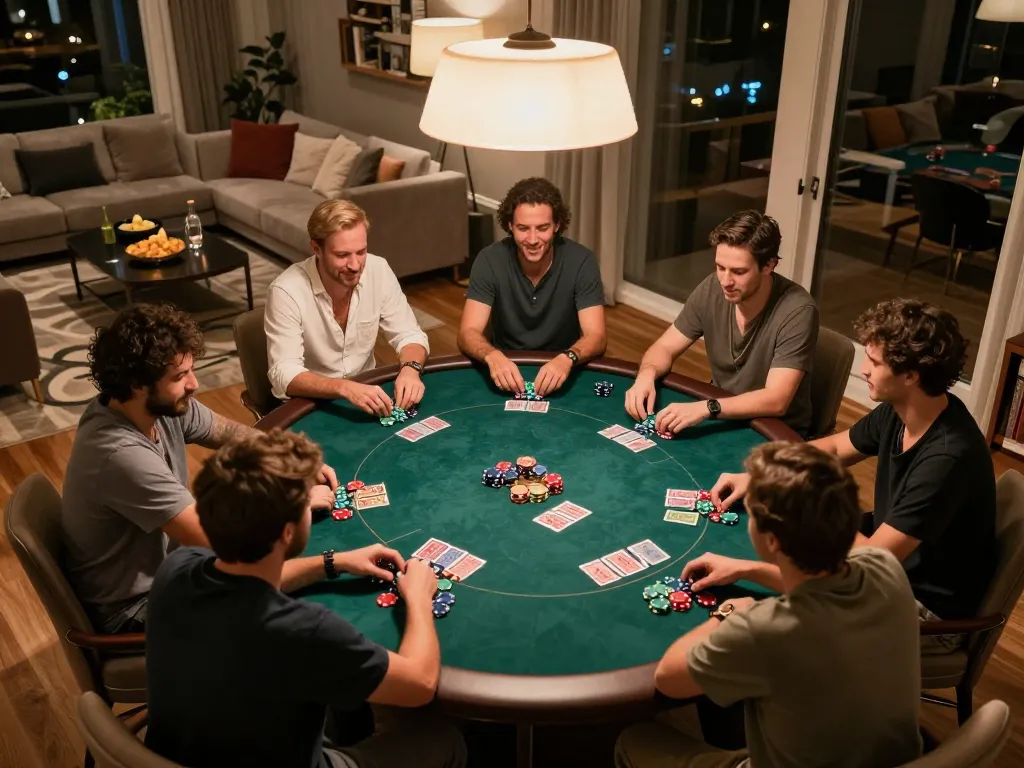 Bet88 players engaging during a lively poker night, showcasing chips and cards in a cozy home