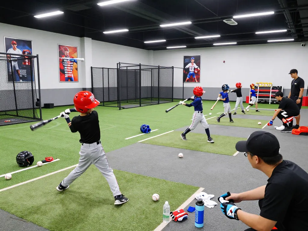 Hitclub baseball training session with young athletes practicing in a vibrant indoor facility.