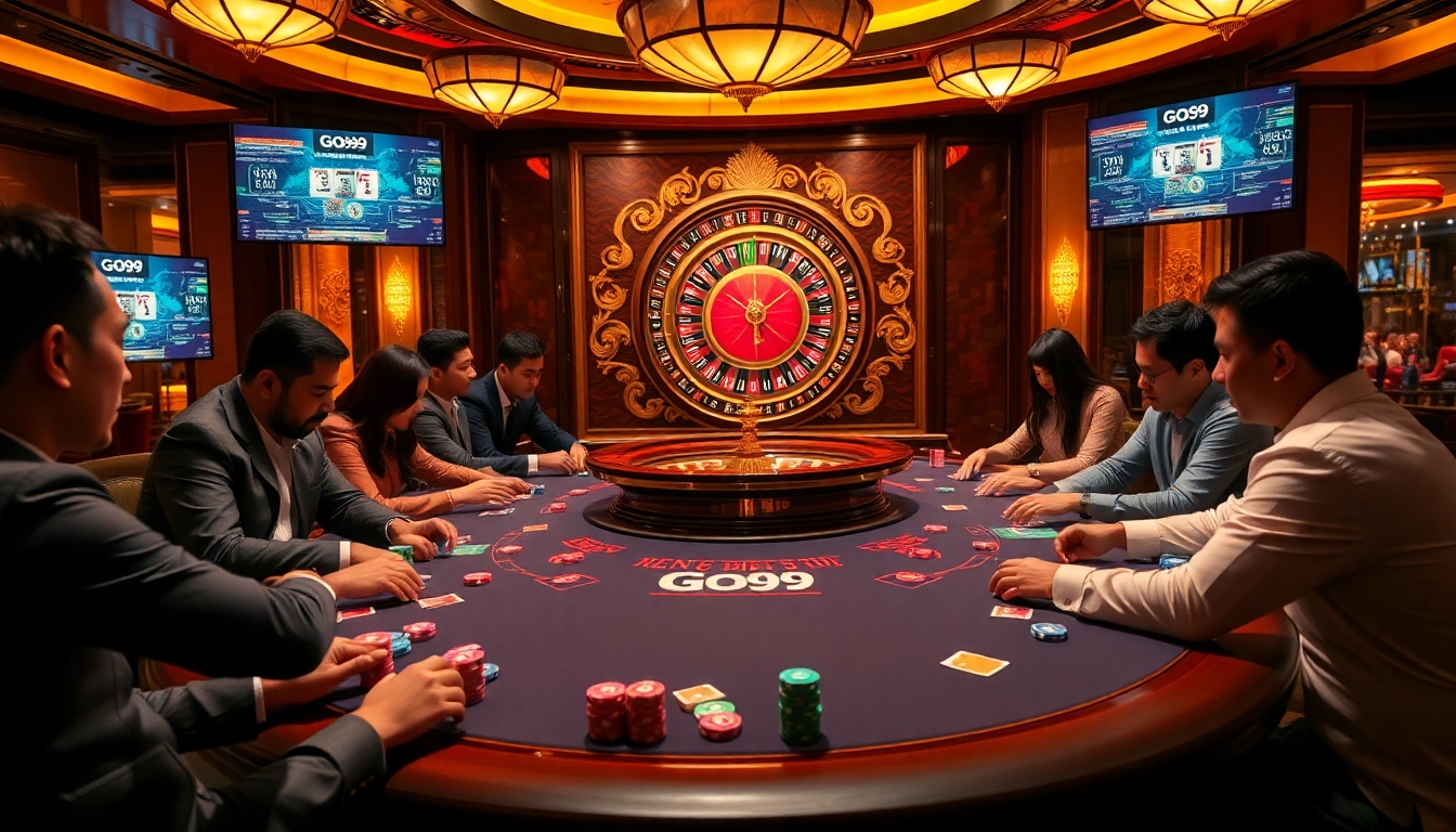 Exciting poker action at nhà cái go99 casino with players and colorful chips.