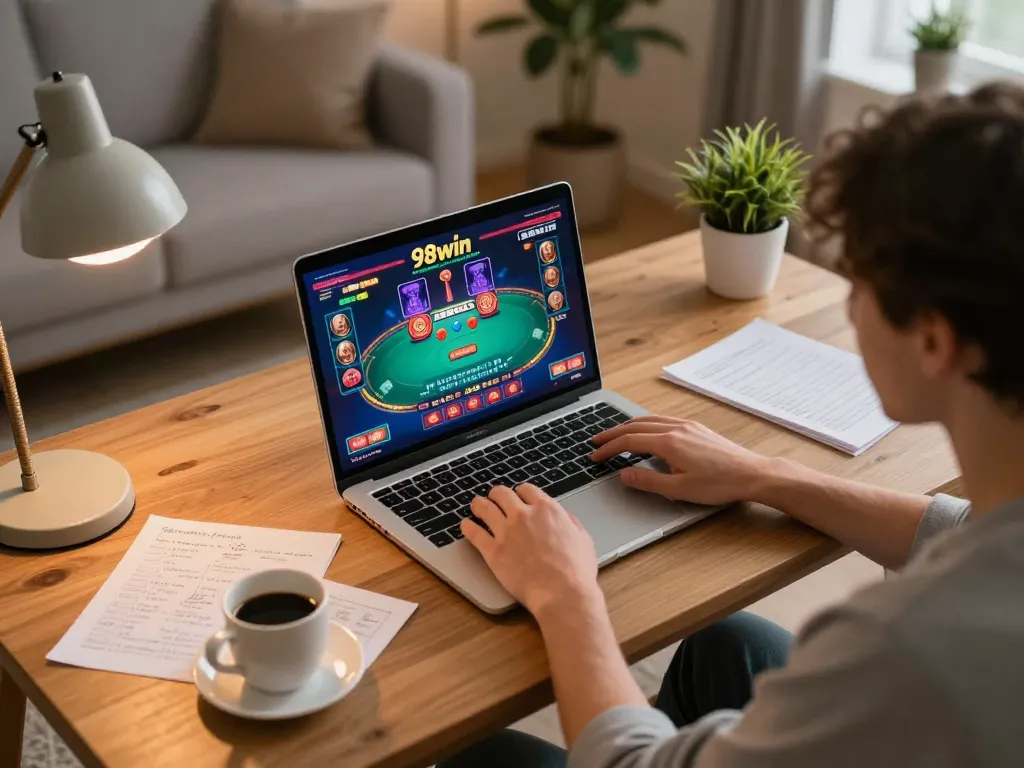 Enjoying game bài 98win on a laptop while implementing strategic betting notes in a cozy home setting.