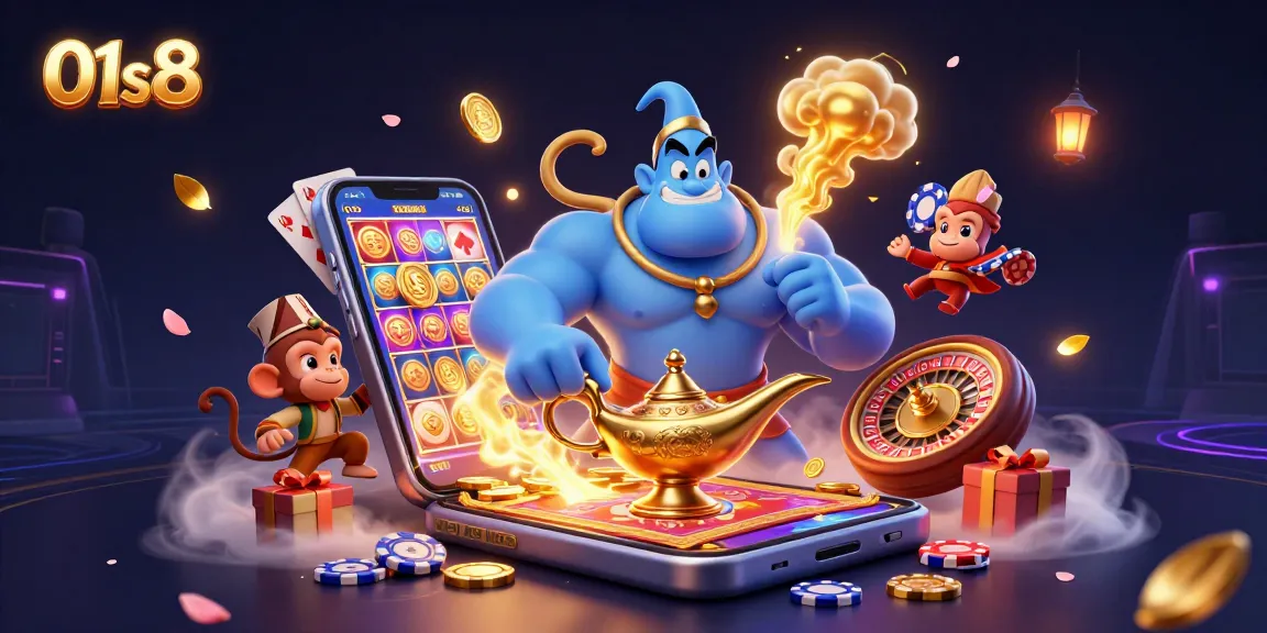Play exciting casino games with 01s8, where colorful slots and poker chips create a vibrant experience.