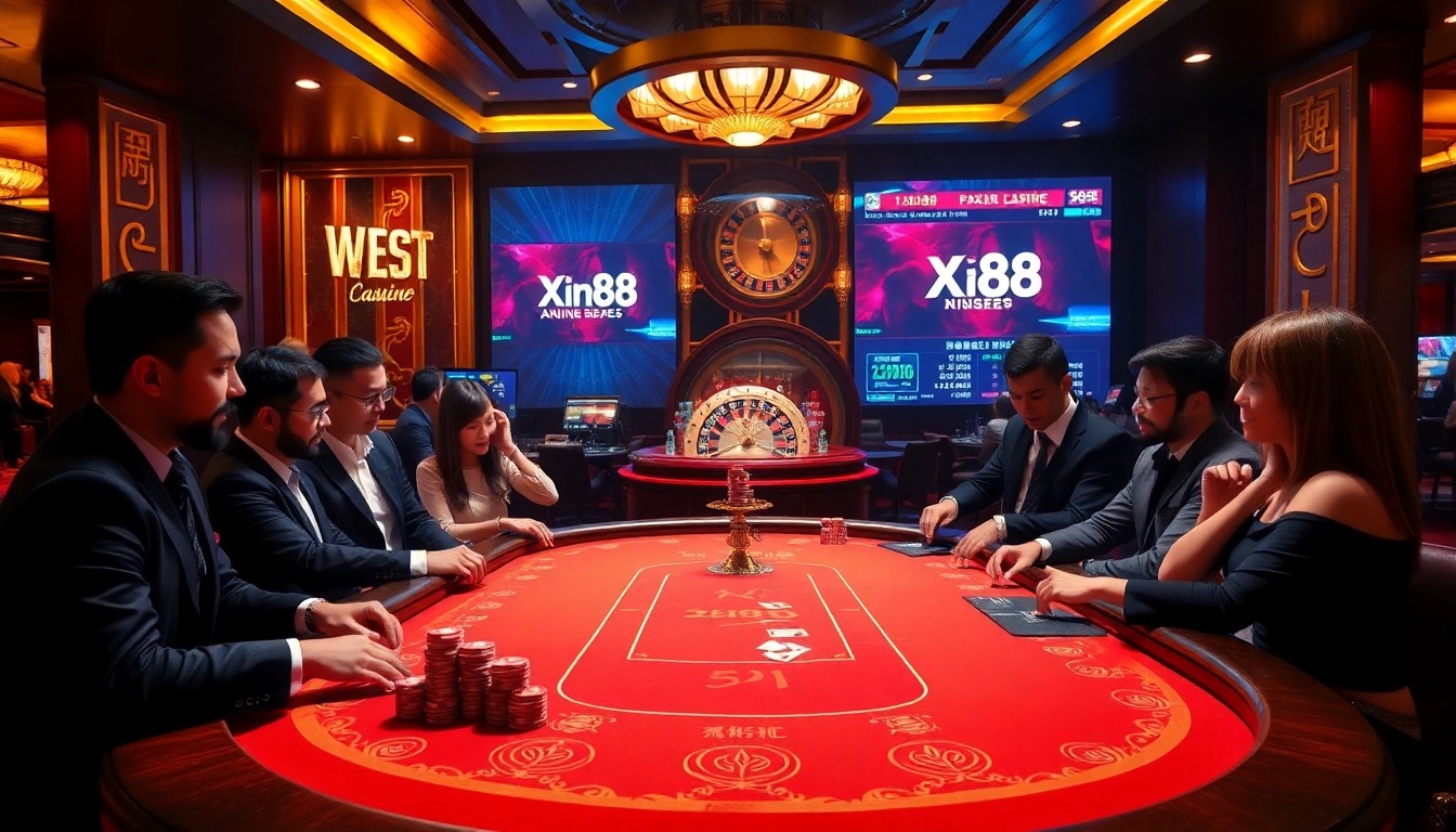 Exciting scene of a luxurious casino game related to Xin88, showcasing poker players and a roulette wheel.