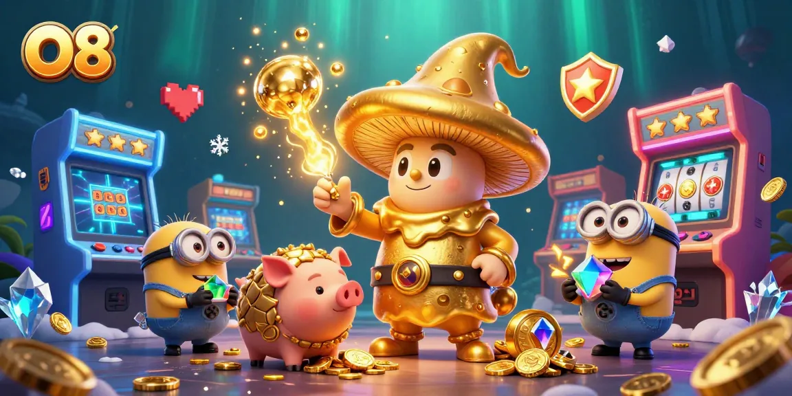 Experience O8’s magical world with golden wizard, treasures, and dynamic gaming elements in this vibrant illustration.