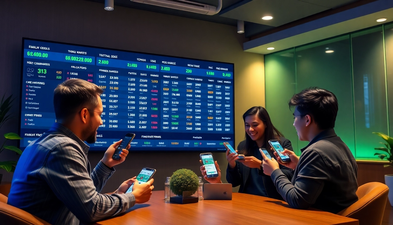 Engaging scene of kèo nhà cái betting community analyzing odds in a modern setting.
