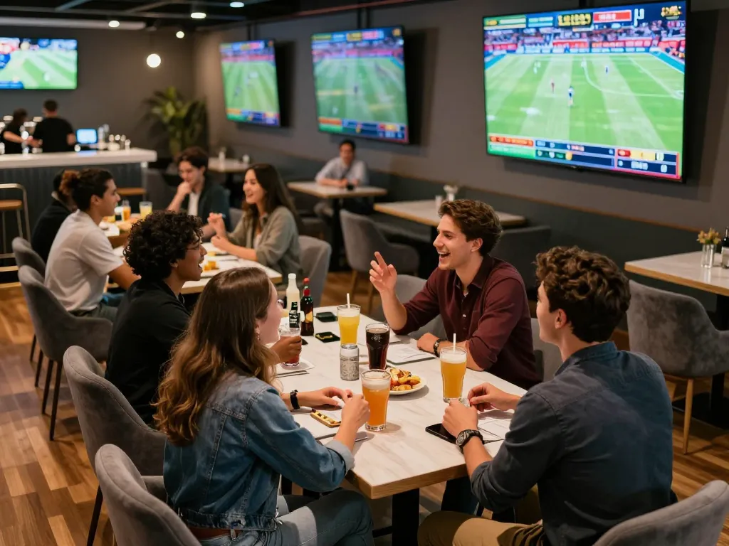 Friends engaged in sports betting action at 79king.hiphop, discussing bets and cheering in an elegant lounge.