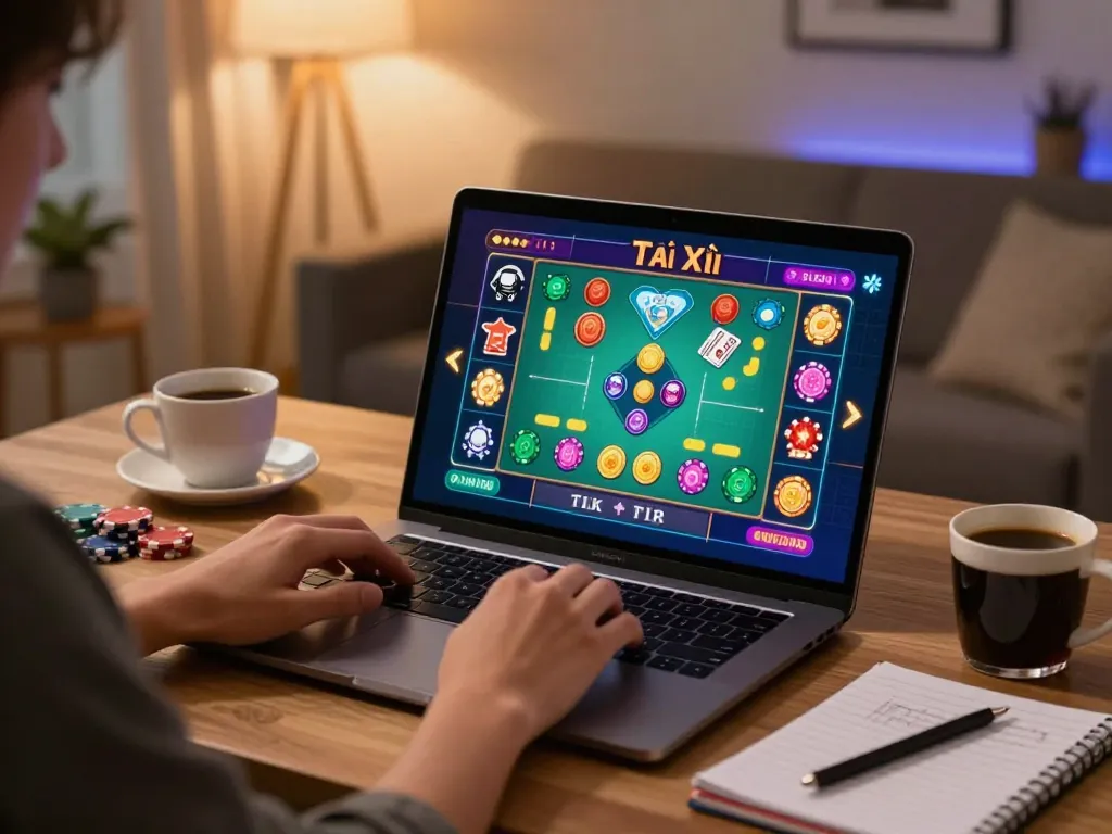 Engaging in Tài Xỉu online gameplay on a laptop with strategy notes and coffee nearby.