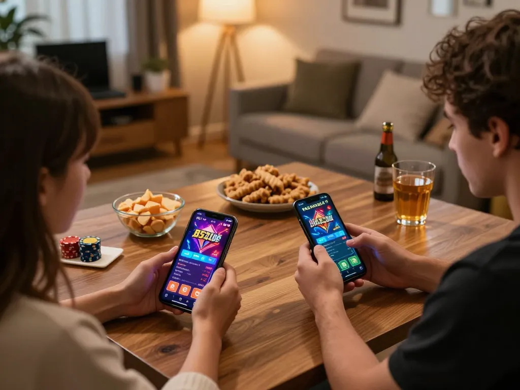 B52CLUB city users enjoying an exciting online gaming session on their smartphone in a cozy home setup.