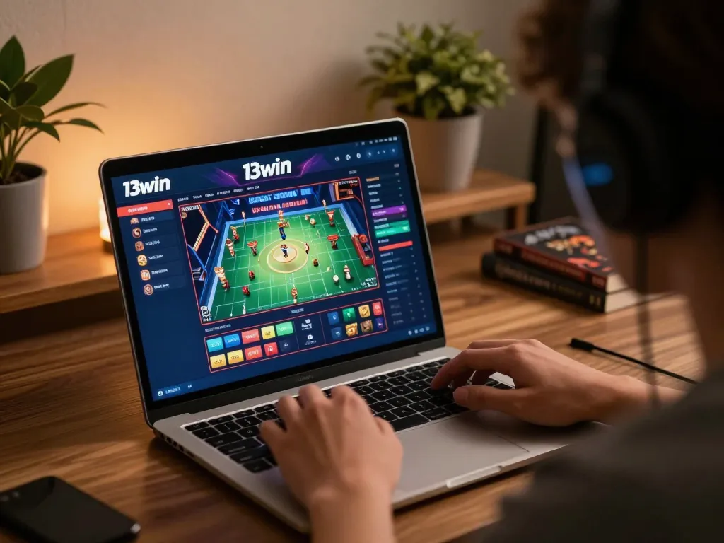 Engaging with 13win's online gaming platform in a cozy, stylish setting with strategic focus