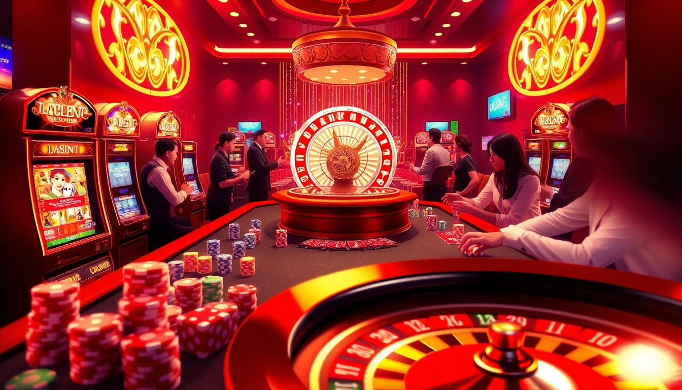 Experience the thrill of rr88.com with a vibrant casino scene featuring dynamic gaming tables and excited players.