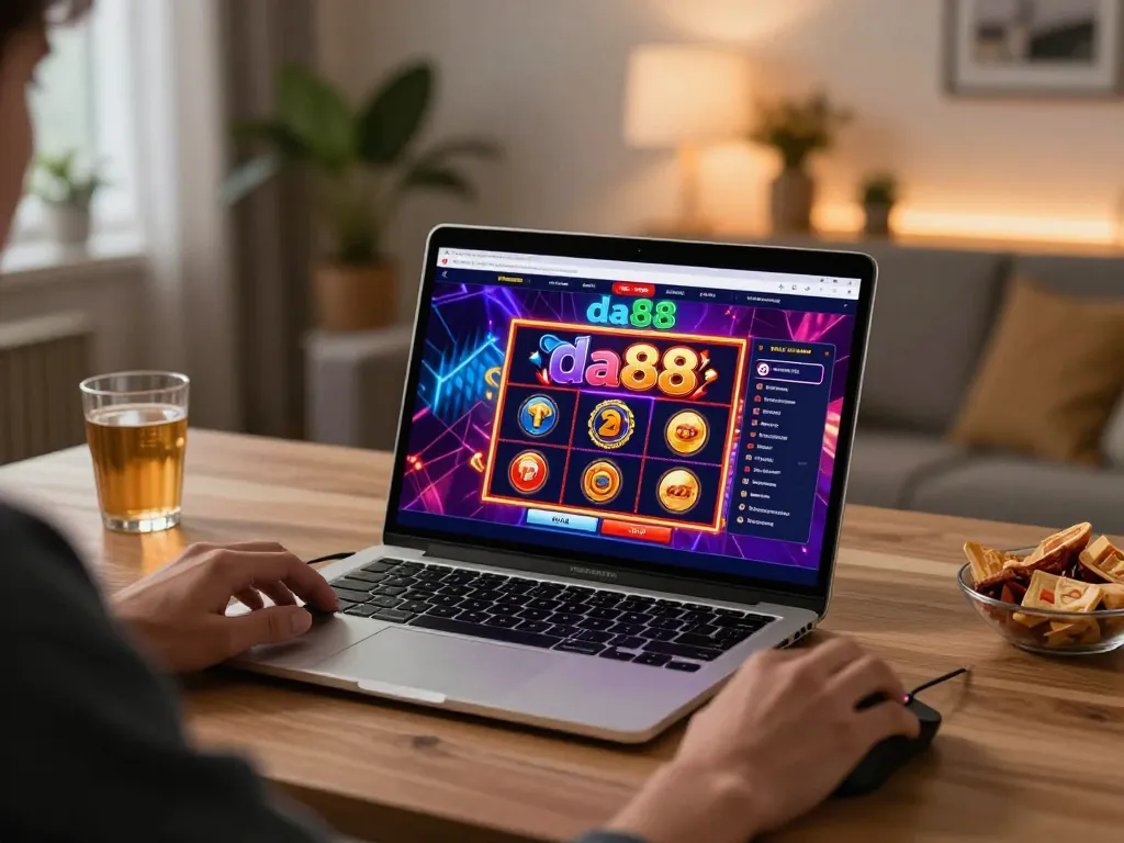 Engaging in da88 online gaming with vibrant slot visuals on a modern laptop.