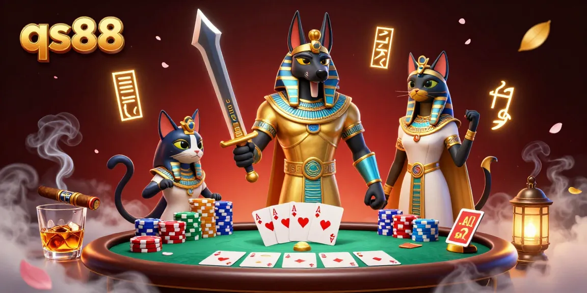 Experience the excitement at qs88 with Anubis and Bastet at a thrilling poker table.