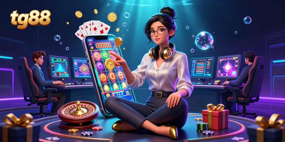 Experience thrilling casino action with tg88 as an elegant Asian woman gamely interacts with vibrant slot games amid a high-tech setup.