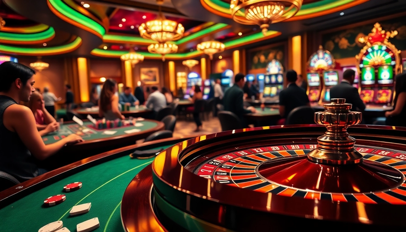 Experience the thrill of gambling at https://bem88.com with a luxurious casino scene featuring roulette, cards, and lively players.