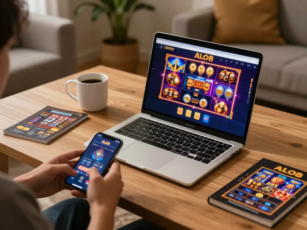Engaging ALO8 online gaming setup with laptop and smartphone showcasing casino games