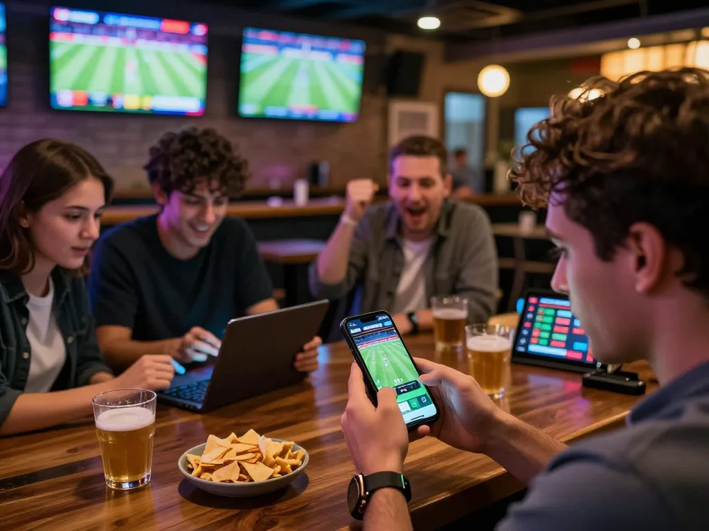 Excited user placing bets using sbobet app in a vibrant sports bar setting, showcasing sports betting energy.
