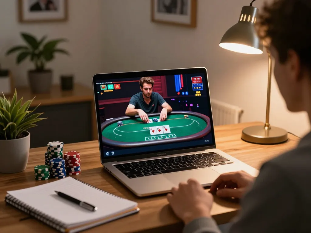 MM88 player strategizing wins at poker on laptop in a cozy home office setting.