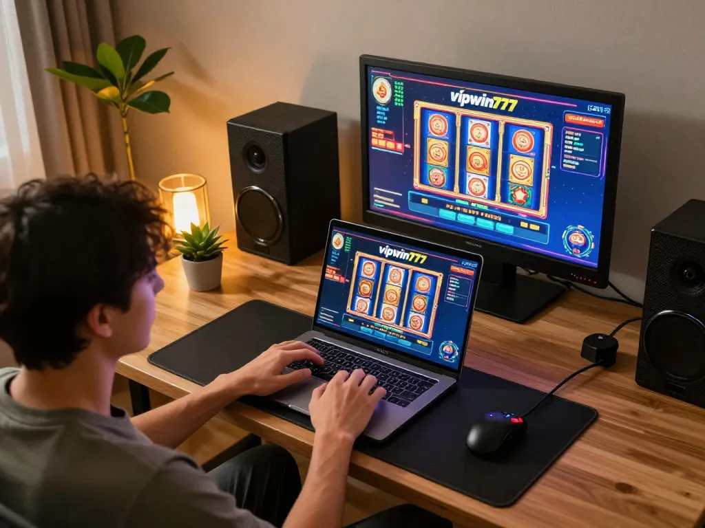Engaged player enjoying thrilling games on vipwin777 online casino with laptop interface