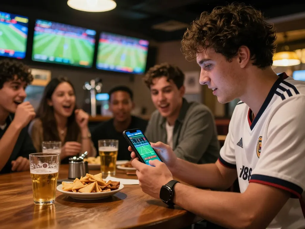 Experience live betting on 789win.com with friends at a lively sports bar, showcasing excitement and engagement.