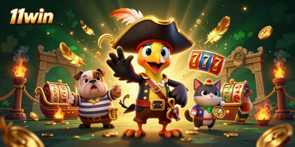 Engage with 11win in a vibrant 3D casino scene featuring characters, slot reels, and golden coins.