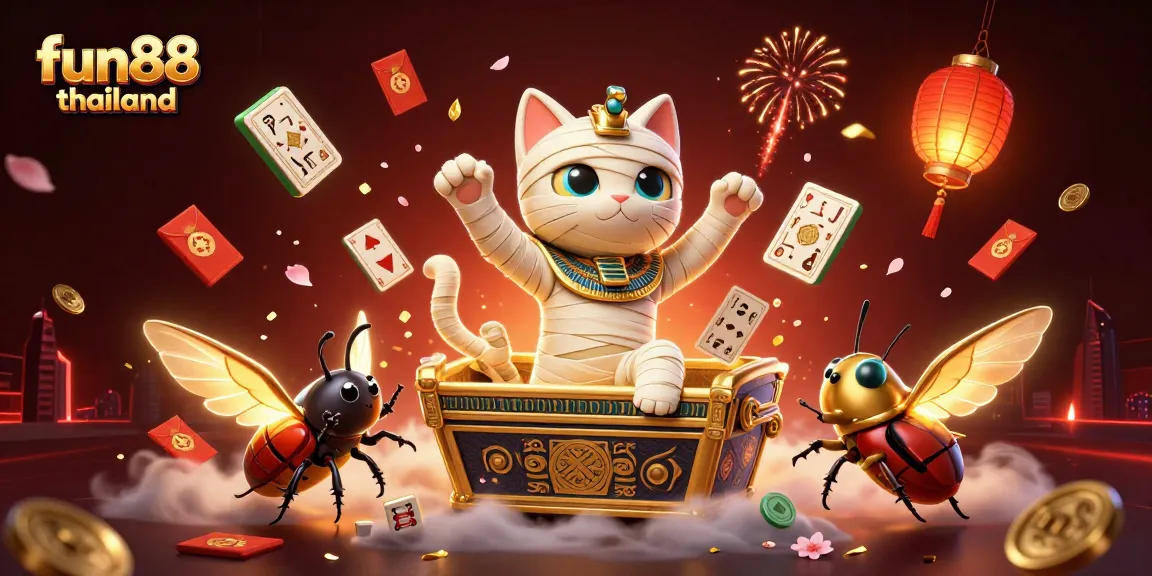 Engage in thrilling games at fun88 thailand featuring a 3D cartoon Egyptian mummy cat amidst vibrant casino elements.