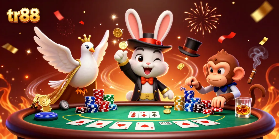 tr88 stars in an exciting poker scene with a magician rabbit, dove, and monkey surrounded by sparkling casino elements.