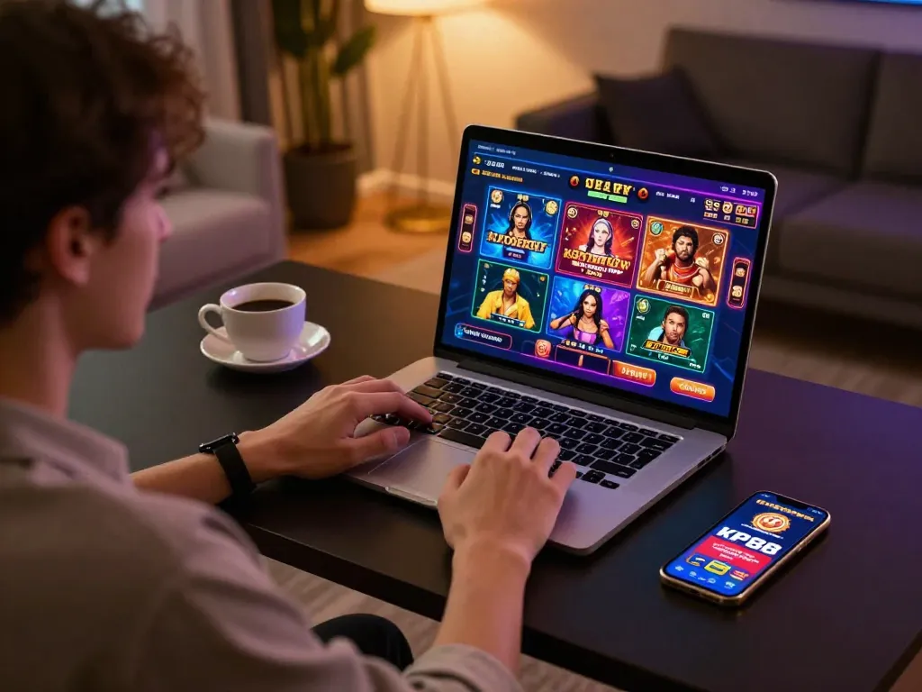Engaged player enjoying KP88 casino game on laptop with vibrant graphics and smartphone.