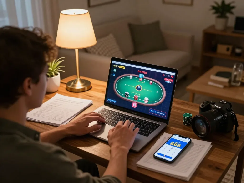 Engaging in online poker gameplay with sky88 app on laptop in a cozy home setting.