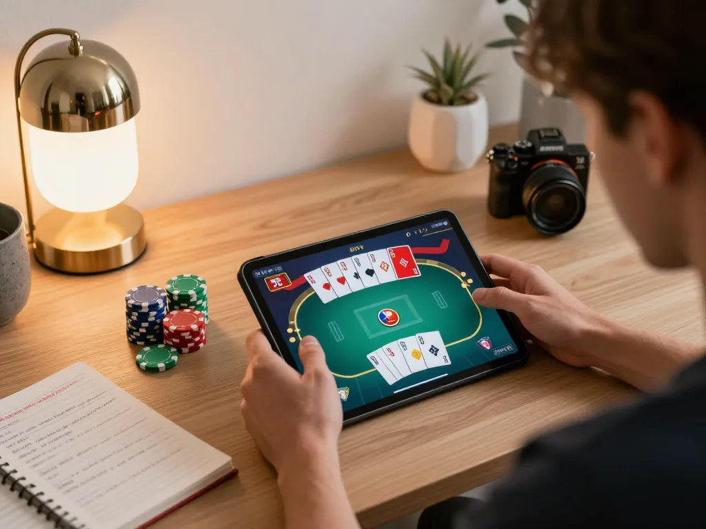 FLY88 player strategizes poker with tablet, chips stacked in cozy gaming setup.
