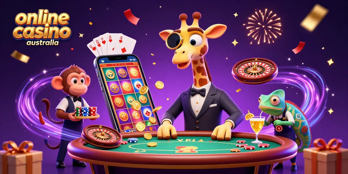 Exciting scene showcasing a high-roller giraffe and friends at an online casino Australia, celebrating with vibrant gaming elements.