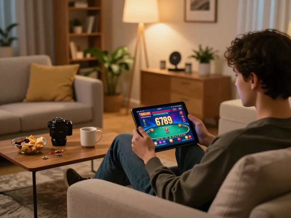 Enjoying online gaming at Trang chủ 6789 on a tablet in a cozy living room setup.