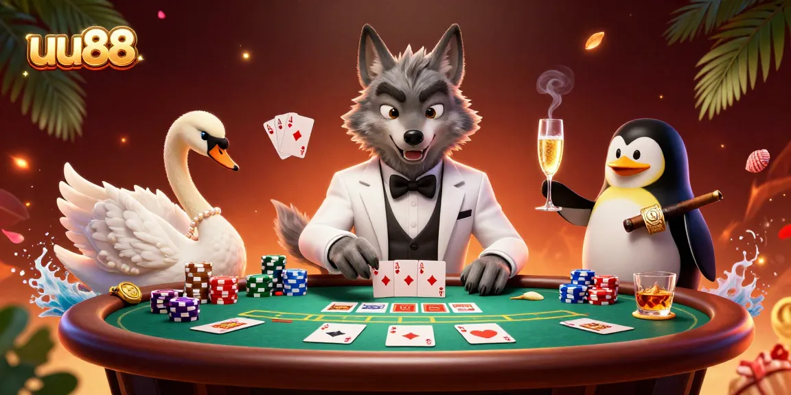 uu88 offers an exciting gaming experience with a debonair wolf and charming characters at a vibrant baccarat table.